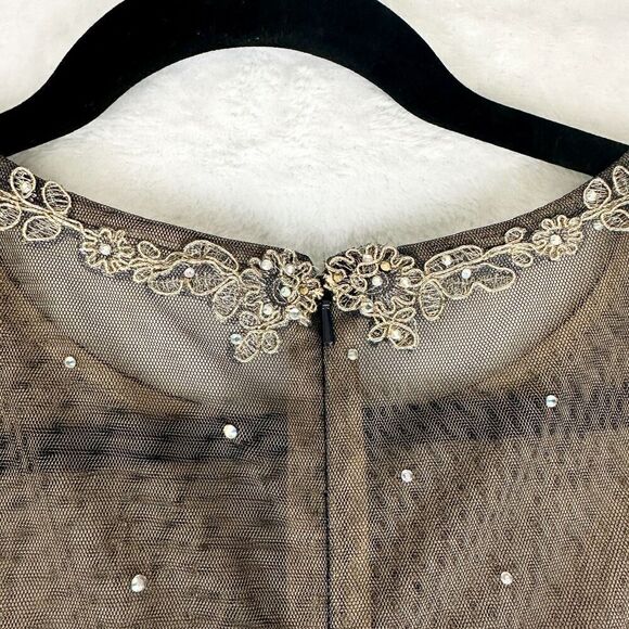 Xscape Noah Illusion Long Sleeve Lace Matte Jersey Gown Ruched Size 6 Navy Gold - Picture 14 of 16